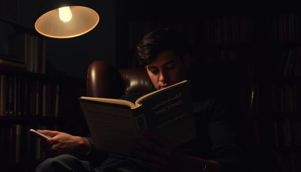 A dimly lit library, bookshelves lining the walls, casting soft shadows across a solitary figure sitting in a plush leather armchair, deeply immersed in the pages of a book titled "The Subtle Art of Not Giving a F*ck" by Mark Manson. The reader's face is partially obscured, their expression pensive, as the warm glow of a reading lamp illuminates the book's cover, the title visible in Arabic script. The scene conveys a sense of quiet contemplation, the reader's focus undisturbed, lost in the wisdom of the text.