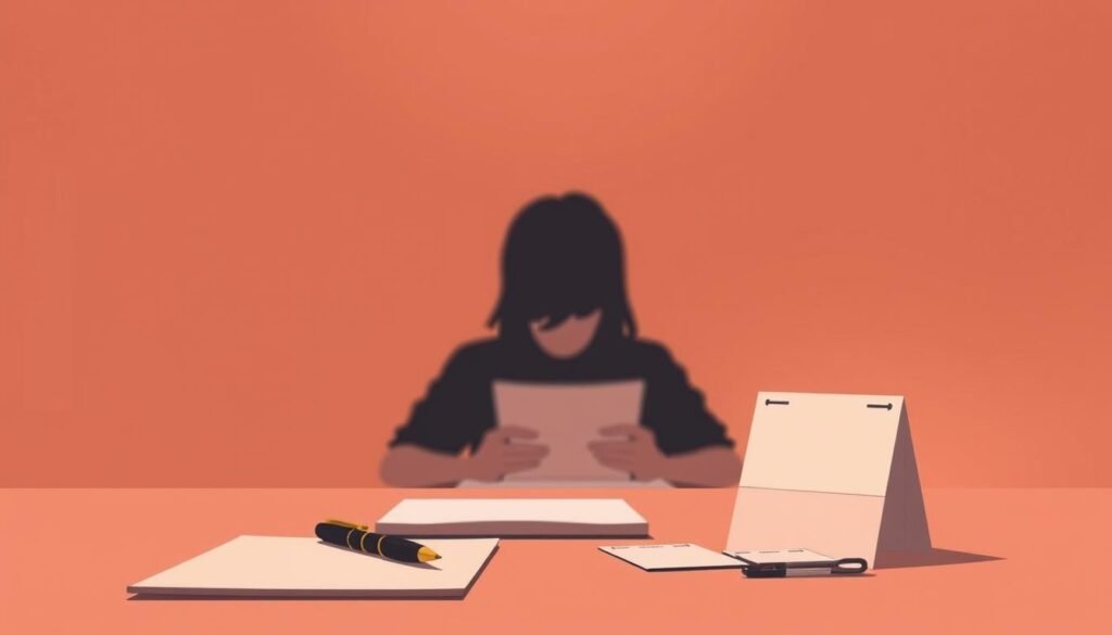 A dimly lit, minimalist illustration of the Ivy Lee method. In the foreground, a simple desk with a notepad, pen, and a few task cards neatly arranged. The middle ground features a person, their face obscured, deeply focused on their work. The background is a soft, muted gradient, creating a sense of tranquility and concentration. The lighting is warm and gentle, casting a subtle glow on the scene. The overall composition conveys the efficient, systematic nature of the Ivy Lee productivity technique.