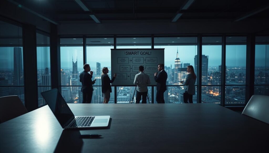 A dimly lit modern office interior, with a large desk in the foreground featuring a laptop, pen, and paper. In the middle ground, a team of professionals collaboratively brainstorming and discussing a SMART goal framework displayed on a whiteboard. The background showcases a panoramic city skyline visible through floor-to-ceiling windows, conveying a sense of progress and achievement. Soft, warm lighting creates a focused, productive atmosphere, and the camera angle is slightly elevated to provide an overview of the workspace. The overall scene illustrates the practical implementation of the SMART system in a real-world business setting.