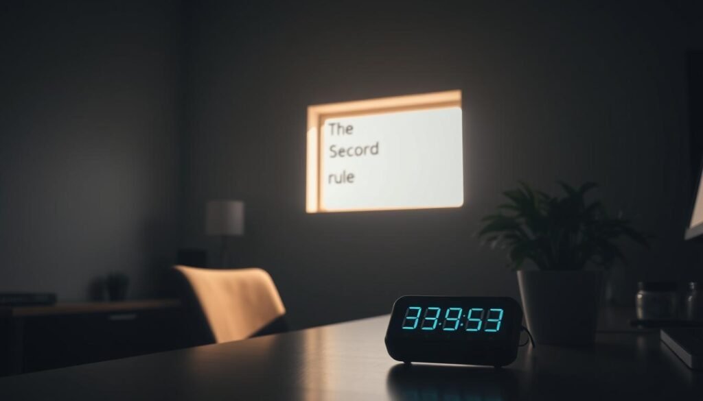 A dimly lit office setting, with a desk, chair, and a potted plant in the foreground. On the desk, a tactile tactile timer device, like a Pomodoro timer, prominently displayed. Soft, natural lighting filters in through a window in the middle ground, casting a warm glow on the scene. In the background, a minimalist wall art or decor piece that visually represents the concept of "the 5-second rule" for decision-making. The overall mood is focused, productive, and serene, inviting the viewer to embrace the power of this simple technique.