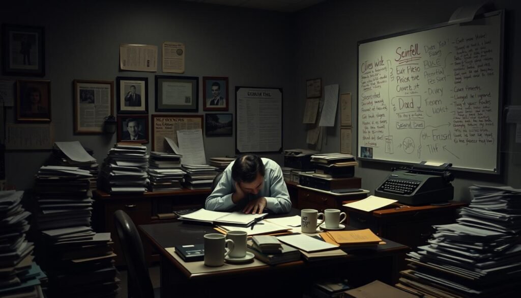 A dimly lit office space, cluttered with stacks of papers, coffee mugs, and a vintage typewriter. The walls are adorned with framed newspaper clippings and a large whiteboard covered in scribbles, hinting at the complex web of Seinfeld's iconic storylines. A lone figure, hunched over a desk, grapples with the challenges of crafting the perfect comedic episode, surrounded by the creative chaos that defines the writer's process. Soft, moody lighting casts dramatic shadows, emphasizing the intense focus and the weight of the task at hand. The scene conveys the common struggles faced by writers as they navigate the intricate tapestry of Seinfeld's beloved universe.