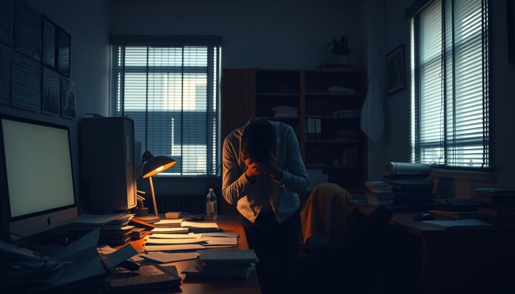 A dimly lit office space, the atmosphere heavy with the weight of workplace stress. In the foreground, a desk cluttered with scattered papers, a computer monitor casting a pale glow. The middle ground reveals a figure, shoulders hunched, head in hands, the physical embodiment of the burdens of professional life. In the background, the shadows of towering shelves and cabinets loom, symbolizing the overwhelming pressures and obligations that seem to close in. Soft, warm lighting filters through partially closed blinds, casting an air of melancholy and fatigue. This scene captures the essence of "ضغوط العمل" - the common challenge of maintaining balance in life amidst the demands of the workplace.