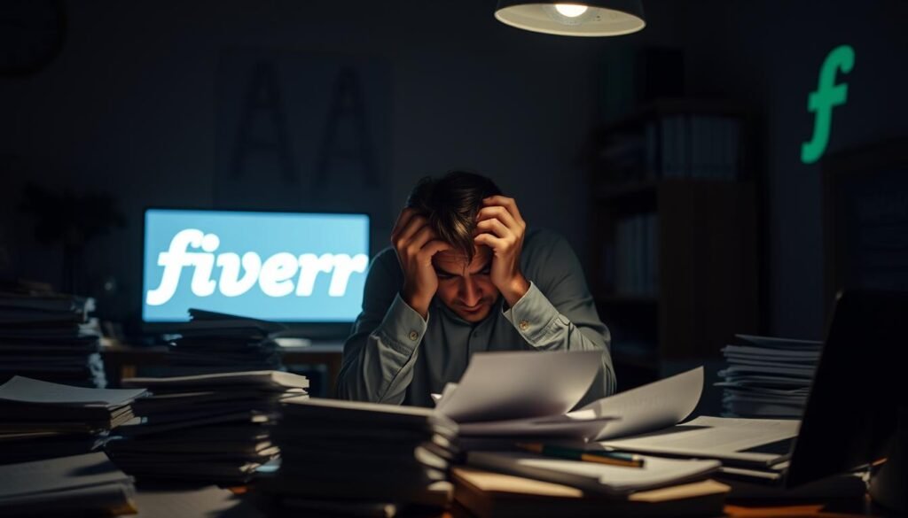 A dimly lit office space, the glow of a computer screen casting shadows on the desk. A frustrated freelancer, hands gripping their head, surrounded by piles of unfinished projects and disorganized documents. The air is heavy with the weight of deadlines and the burden of managing multiple clients. In the background, a faint outline of the Fiverr logo, a symbol of the challenges and compromises that come with using such a platform. The scene conveys the potential pitfalls of relying too heavily on Fiverr for professional services, where quality and personalized attention can be sacrificed in the pursuit of low-cost solutions.