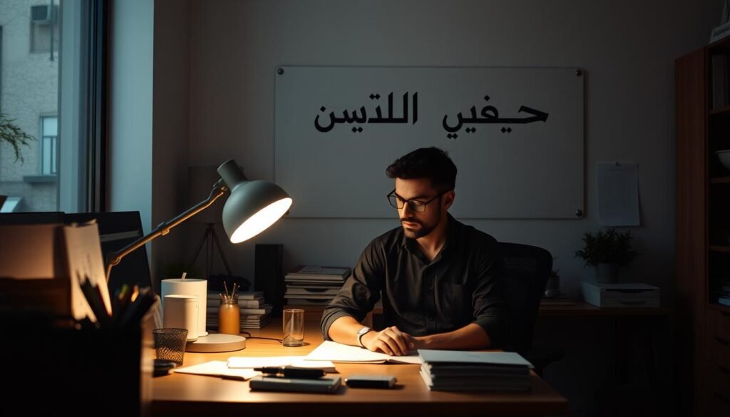 A dimly lit office space, with a focused worker sitting at a desk, surrounded by organizational tools and productivity aids. Subtle lighting from a desk lamp creates a warm, contemplative atmosphere, highlighting the worker's intense concentration. The background features a large, inspirational wall art piece depicting the Arabic phrase "تحسين الإنتاجية" (Improving Productivity), subtly conveying the theme of the scene. The worker's posture and expression suggest a driven, methodical approach to their tasks, harnessing the power of the Zeigarnik effect to optimize their workflow and enhance their productivity.