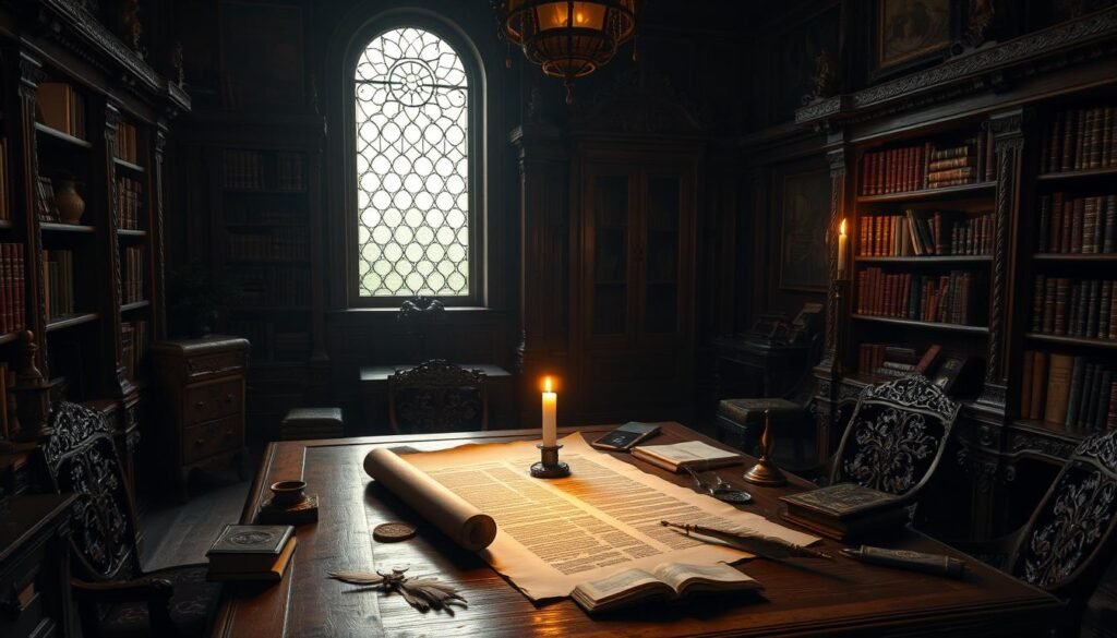 A dimly lit, ornate study with intricate, carved wooden furniture and bookshelves lining the walls. On a heavy oak desk, a single candle illuminates a parchment scroll, unrolled to reveal a mathematical proof or philosophical treatise, surrounded by scattered quills, inkwells, and ancient tomes. Soft, warm lighting filters through leaded glass windows, casting a contemplative, scholarly atmosphere. The scene conveys a sense of deep contemplation and the pursuit of profound understanding, hinting at the "Proof of the One Thing" that is the focus of the article's section.