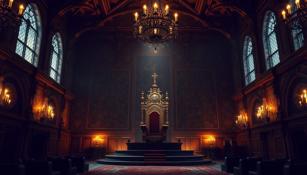 A dimly lit, ornate throne room in a majestic medieval castle, bathed in soft, warm lighting. The walls are adorned with intricate tapestries and ornate chandeliers hang from the high ceilings. In the center, a grand, ornate throne stands upon a raised dais, its ornate carved design and regal presence commanding the space. The room has an air of grandeur and elegance, conveying a sense of power and authority. The overall atmosphere is one of stately, regal elegance and historical significance.