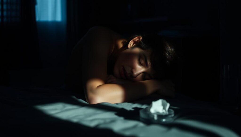 A dimly lit room, shadows cast across the face of a person curled up on a bed, their expression one of deep emotional distress. The lighting is moody, creating a sense of vulnerability and isolation. The figure is alone, surrounded by a sense of emptiness and detachment. The background is blurred, focusing the viewer's attention on the central figure and their emotional state. Subtle details, such as a crumpled tissue or a glass of water on a nightstand, hint at the person's struggle with their mental health. The overall atmosphere is one of melancholy and introspection, reflecting the complexities of psychological fragility.