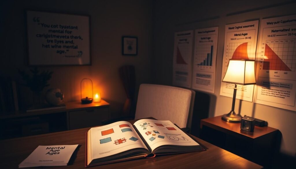 A dimly lit room with a desk, a chair, and various cognitive assessment tools. On the desk, an open book showcases a series of shapes, patterns, and puzzles, representing the different stages of a mental age assessment. The walls are adorned with inspirational quotes and charts depicting the correlation between chronological and mental ages. Soft, warm lighting creates a contemplative atmosphere, inviting the viewer to engage in the process of self-discovery through this psychological evaluation. The scene exudes a sense of introspection and personal growth, reflecting the journey of understanding one's own cognitive development.
