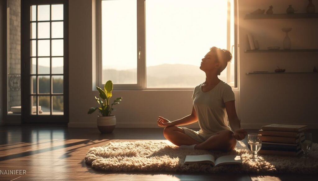 A dimly lit room with natural light filtering through a large window, casting a warm glow on a serene, contemplative scene. In the foreground, a person sitting cross-legged on a plush rug, their eyes closed in meditation, surrounded by various elements that represent the determinants of mental health - a potted plant, a stack of books, a glass of water, and a journal. The middle ground features a tranquil landscape visible through the window, with rolling hills and a distant forest. The overall atmosphere is one of introspection, balance, and a sense of inner peace.