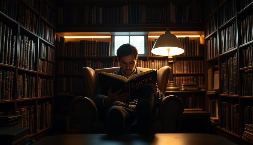 A dimly lit study, bookshelves lining the walls, casting a warm glow across the room. In the center, a figure sits in a plush armchair, deeply immersed in a leather-bound book, their face illuminated by the soft light of a desk lamp. The scene conveys a sense of contemplation and intellectual exploration, as the reader's mind expands, transcending the physical boundaries of the space. The atmosphere is one of quiet focus, where the act of reading becomes a gateway to broader perspectives and deeper understanding.
