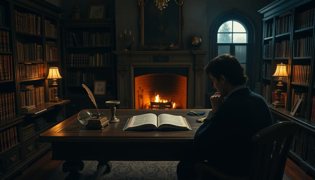 A dimly lit study with a large, ornate wooden desk at the center. On the desk, an open book, a quill pen, and various scientific instruments like a magnifying glass and a globe. Bookshelves line the walls, filled with ancient tomes. Soft, warm lighting from a fireplace in the background casts a cozy glow throughout the room. In the foreground, a person sits deep in thought, their face illuminated by the flickering flames, symbolizing the pursuit of intellectual growth and the enhancement of mental faculties.