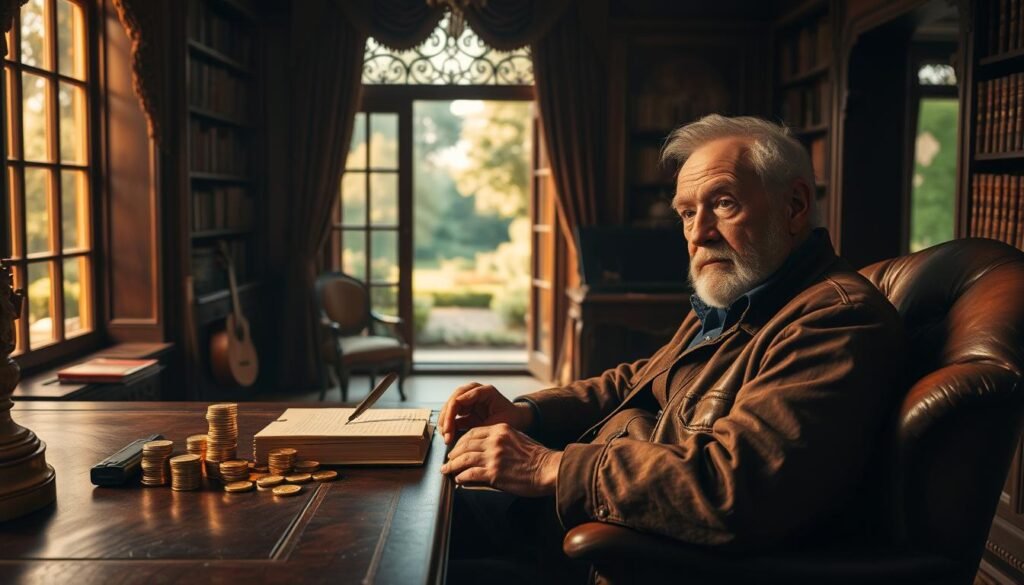 A dimly lit study with rich, ornate furnishings. On a grand wooden desk, a stack of gold coins, a quill, and an open ledger. Bookshelves line the walls, casting warm shadows. Through a large window, a lush garden is visible, bathed in a soft, golden glow. In the foreground, an elderly man with a kind, weathered face sits in a leather armchair, contemplating his next move. His expression is one of quiet wisdom and experience. The overall atmosphere is one of quiet contemplation and the pursuit of financial prosperity.