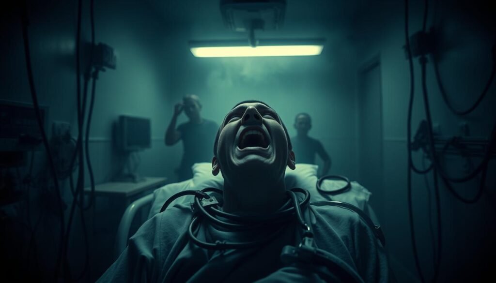 A disturbing landscape of the mental health complications of psychosis. A dimly lit hospital room, the patient's face contorted in anguish, surrounded by a tangle of medical equipment and restraints. Shadowy figures in the background, conveying the sense of isolation and loss of control. Muted colors and a hazy, unsettling atmosphere evoke the distress and disorientation of the condition. Careful use of chiaroscuro lighting heightens the sense of unease, while the off-kilter camera angle adds to the disquieting, unsettling mood. An unsettling yet visually striking depiction of the debilitating effects of mental illness.