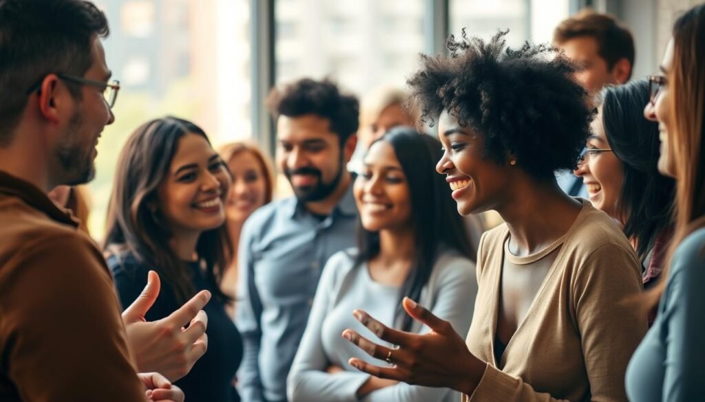 A diverse group of people engaged in positive communication, their faces expressing warmth and understanding. The scene is bathed in soft, natural lighting, highlighting the connection and openness between the individuals. In the foreground, two people are leaning in, gesturing animatedly as they converse. In the middle ground, a larger group is gathered, their body language indicating active listening and respectful exchange. The background is subtly blurred, allowing the viewer to focus on the interpersonal dynamics at the heart of the image. The overall atmosphere conveys a sense of harmony, empathy, and the power of constructive dialogue to foster strong, healthy relationships.