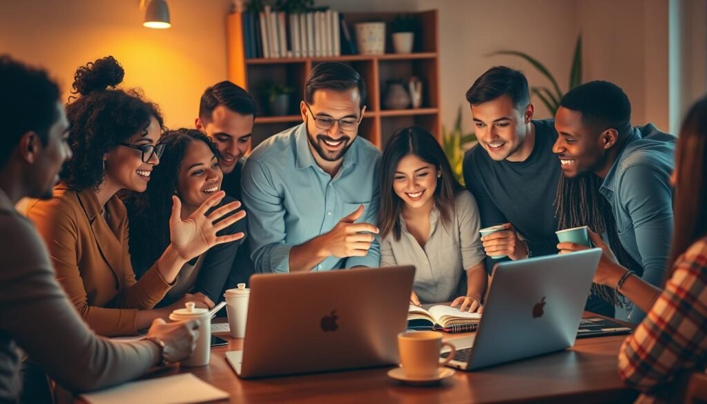 A diverse group of people gathered around a laptop, intently studying the Aweber interface. The scene is bathed in warm, ambient lighting, creating a cozy, collaborative atmosphere. In the foreground, a young professional gestures animatedly, sharing their insights, while others nod in agreement. The middle ground features a mix of laptops, notepads, and cups of coffee, suggesting a productive work session. In the background, a bookshelf and potted plants add a touch of professionalism and comfort to the setting. The overall impression is one of engaged users exploring the capabilities of Aweber, a testament to its user-friendliness and the positive experiences of its customers.