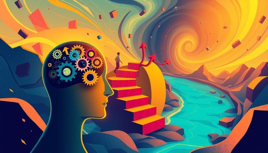 A dynamic, colorful illustration depicting the steps of the creative thinking process. In the foreground, a person's head with gears and cogs turning inside, symbolizing the inner workings of the innovative mind. In the middle ground, a series of interconnected steps and arrows in vibrant hues, representing the stages of the creative process. In the background, a swirling, ethereal landscape with geometric shapes and abstract patterns, evoking the boundless possibilities of creative thinking. The scene is illuminated by warm, directional lighting, casting dramatic shadows and highlights to convey a sense of depth and movement. The overall tone is one of dynamism, exploration, and the unleashing of creative potential.