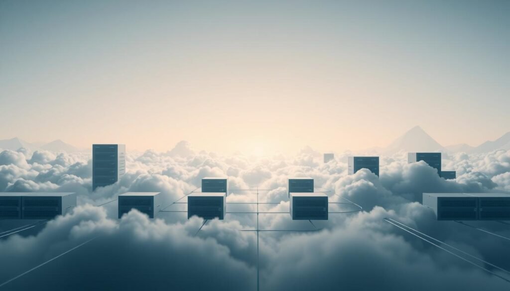 A dynamic, modular cloud infrastructure with seamless scalability. In the foreground, a series of interconnected cloud servers gracefully expanding and adapting to shifting user demands. The middle ground showcases flexible resource allocation, with compute, storage, and networking capacity dynamically provisioned. In the background, a serene, minimalist landscape of geometric shapes and gradients, representing the streamlined, cloud-native architecture. Soft, diffused lighting casts an aura of technological sophistication, while the overall composition conveys a sense of effortless, responsive growth - the essence of Cloudways' flexible cloud services.