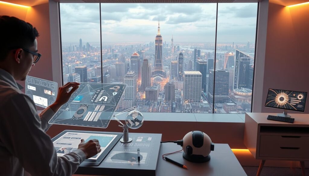 A futuristic digital workspace showcasing the integration of AI-powered design tools. In the foreground, a designer manipulates 3D models and digital assets with fluid, intuitive gestures. Holographic interfaces and sleek, minimalist workstations create an immersive, high-tech environment. The middle ground features generative AI algorithms dynamically generating custom patterns, textures, and layout compositions. In the background, a panoramic view of a bustling, tech-driven city skyline illuminates the scene with a sense of innovation and progress. Warm, diffused lighting casts a contemporary, sophisticated ambiance, highlighting the seamless collaboration between human creativity and artificial intelligence.