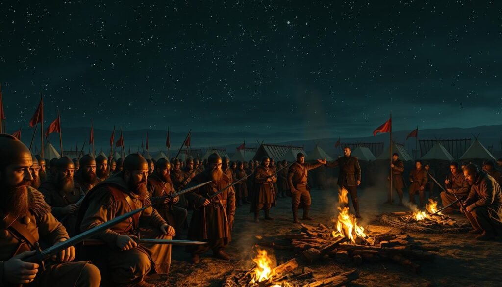 A grand military encampment under a starry night sky, as depicted in "The Prince" by Niccolò Machiavelli. In the foreground, seasoned mercenary soldiers sharpen their blades and load their firearms, their weathered faces illuminated by the flickering flames of campfires. In the middle ground, officers discuss strategy, their pointed gestures and stern expressions conveying the gravity of their decisions. In the background, rows of tents and supply wagons stretch out, hinting at the scale of the army. The scene exudes an air of discipline, power, and the ruthless pragmatism espoused by Machiavelli in his influential treatise on statecraft.