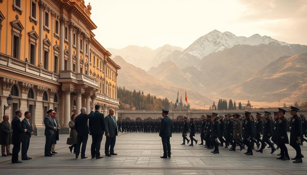 A grand, stately palace with ornate architecture, its facade bathed in warm, golden light. In the foreground, a group of diplomats in formal attire stand in discussion, gesturing animatedly. The middle ground reveals a sprawling courtyard, where soldiers in uniform march in orderly formation. In the distance, a magnificent mountain range rises, its peaks capped with snow, symbolizing the broader geopolitical landscape. The scene conveys a sense of power, negotiation, and the intricate dance of international relations, as depicted in Machiavelli's "The Prince".