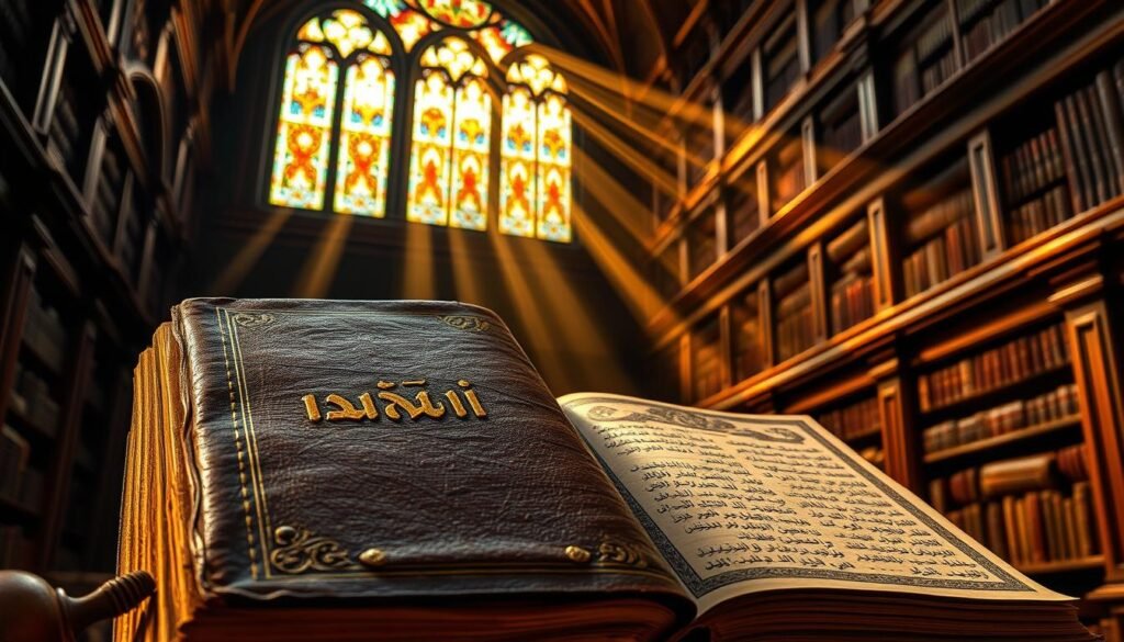 A grand tome of ancient laws, its weathered leather cover embossed with gold lettering, "تاريخ القانون". Rays of warm, golden light filter through a stained glass window, casting a reverent glow upon the tome's pages, revealing intricate calligraphic scripts and ornate illustrations. In the background, a majestic library shelves reach up to a vaulted ceiling, their dark, polished wood panels a testament to the accumulated wisdom of generations. The scene evokes a sense of scholarly contemplation, a reverence for the evolution of legal systems throughout history.