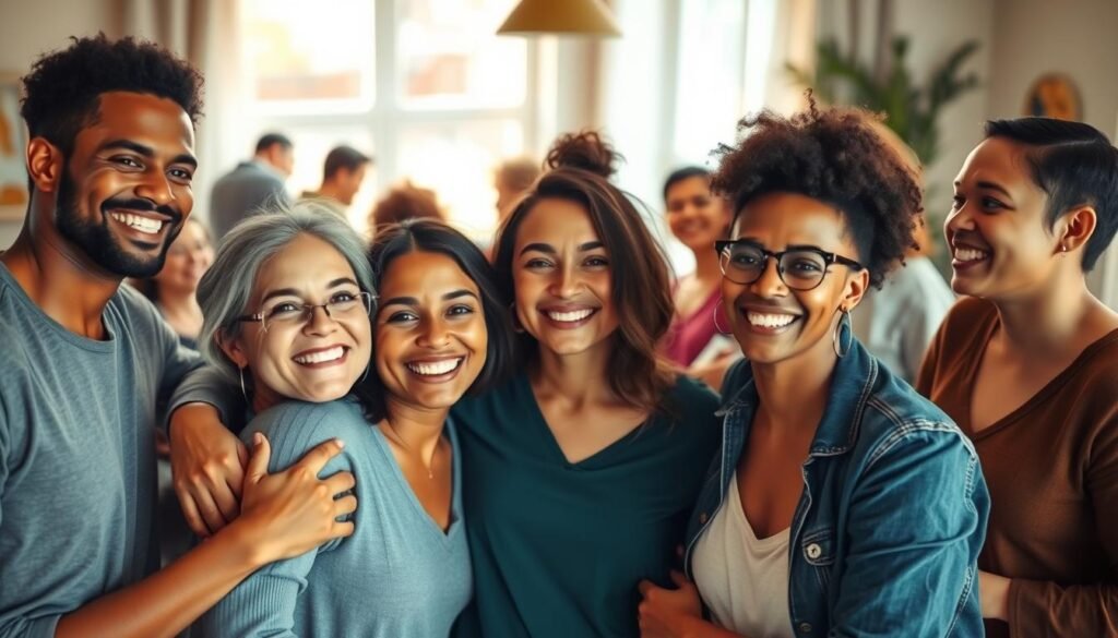 A group of diverse, smiling individuals gathered in a warm, well-lit setting, exuding a sense of positivity and camaraderie. The foreground features three friends embracing, their expressions radiating joy and support. In the middle ground, a larger group engages in lively conversation, their body language open and welcoming. The background depicts a cozy, inviting environment, with natural lighting and soft, muted tones that create a calming, uplifting atmosphere. The overall scene conveys a feeling of community, encouragement, and personal growth, reflecting the theme of surrounding oneself with positive individuals.