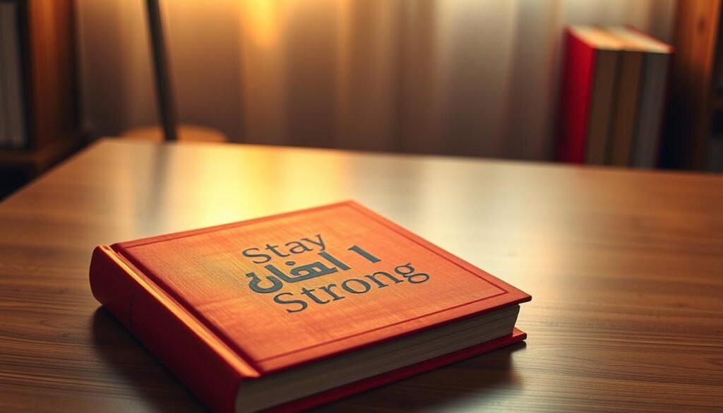 A hardcover book with a bold, vibrant red cover, the title "Stay Strong" emblazoned in a modern, minimalist Arabic script. The book's surface has a subtle textured finish, reflecting the warm, golden-hour lighting that bathes the scene. The book is positioned prominently in the foreground, commanding attention. In the middle ground, a simple, elegant wooden desk or table provides a clean, uncluttered backdrop, allowing the book to be the central focus. The background fades into a soft, blurred gradient, hinting at a serene, contemplative environment, perhaps a home office or study. The overall mood is one of strength, determination, and a sense of empowered introspection.