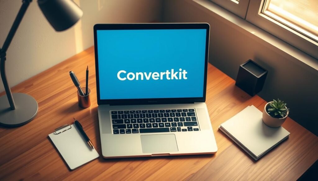 A high-angle view of a neatly organized office desk, featuring a modern laptop displaying the Convertkit logo. The desk is adorned with minimalist office supplies, including a sleek pen holder, a small succulent plant, and a stack of documents. Warm, directional lighting from a window casts a soft glow, creating a professional yet inviting atmosphere. The overall composition emphasizes the importance of thoughtful pricing and investment when it comes to Convertkit, a leading email marketing platform for online creators and entrepreneurs.