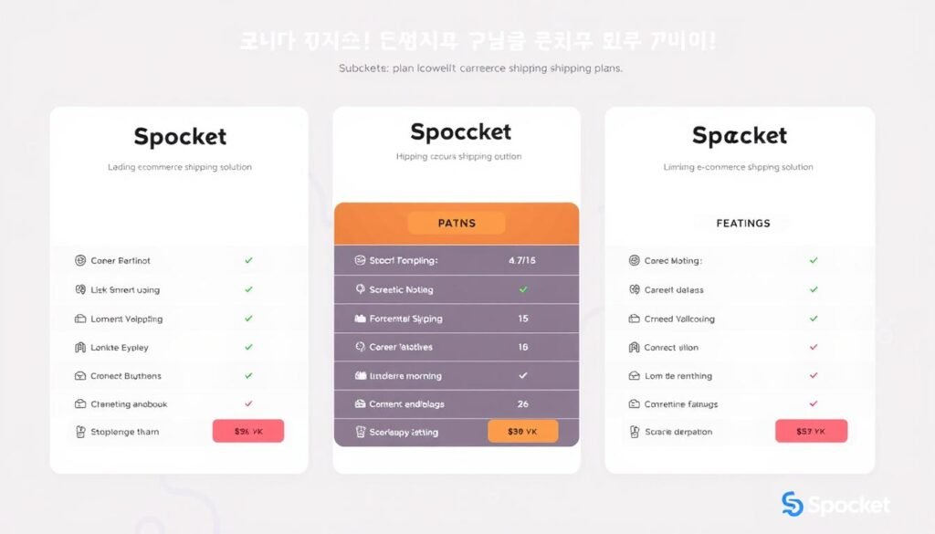 A high-quality, professionally-designed infographic showcasing the pricing plans of Spocket, a leading e-commerce shipping solution. The infographic features a clean, minimalist layout with distinct sections highlighting the various subscription tiers, their corresponding features, and pricing details. The foreground displays the plan names and descriptions in a clear, legible typeface, while the middle ground showcases graphical elements such as icons and data visualizations to convey the plan benefits. The background features a subtle gradient or pattern that complements the brand's aesthetic, creating a cohesive and visually appealing composition. The overall mood is one of informative clarity, professionalism, and brand alignment, making it an ideal illustration for the "Spocket: حلول الشحن للمتاجر الإلكترونية." article and the "خطط تسعير Spocket" section.