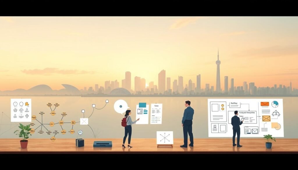 A high-resolution, detailed illustration of problem-solving strategies. Set against a serene, minimalist backdrop with soft, warm lighting. In the foreground, various cognitive tools and techniques are displayed, such as decision trees, mind maps, and flow diagrams. The middle ground features individuals collaborating to tackle complex challenges, using these problem-solving frameworks. In the background, a cityscape with modern, architectural elements symbolizes the practical application of these strategies in real-world scenarios. The overall atmosphere conveys a sense of focus, creativity, and intellectual rigor.