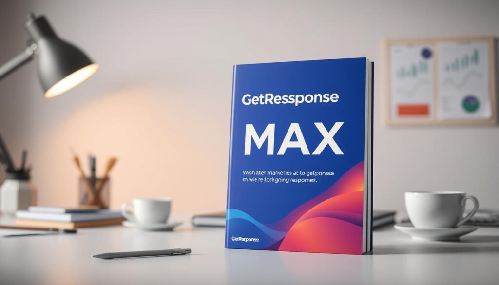 A high-resolution, photorealistic image of the "MAX" plan from GetResponse email marketing platform. The plan is prominently displayed in the foreground, with a sleek, modern design and a vibrant color scheme. The background features a blurred, minimalist workspace with office supplies, a laptop, and a cup of coffee, creating a professional and productive atmosphere. The lighting is soft and diffused, creating a subtle, warm glow that accentuates the plan's details. The camera angle is slightly elevated, giving the viewer a sense of authority and importance. The overall composition is balanced and visually appealing, drawing the viewer's attention to the key subject matter.