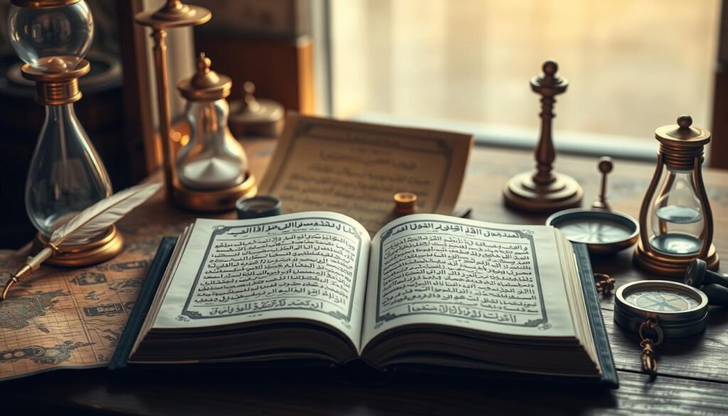 A high-resolution, photorealistic image of the contents of the book "Al-Raheeq Al-Makhtum" (The Sealed Nectar). The image shows a wooden table with an open book, surrounded by various Islamic artifacts and historical objects, including a calligraphic quill, an hourglass, a compass, and a map. The lighting is soft and natural, creating a warm and scholarly atmosphere. The background is blurred, emphasizing the focal point of the book and its contents. The image conveys the comprehensive nature of the book, which covers the complete biography of the Prophet Muhammad (peace be upon him).