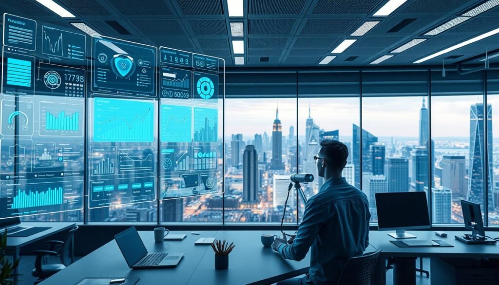 A high-tech futuristic office space, filled with sleek and intuitive AI-powered productivity tools. In the foreground, a floating holographic interface displays a variety of customizable widgets, visualizations, and task management features. The middle ground showcases a seamless collaboration between humans and AI assistants, working in perfect harmony. In the background, a panoramic view of a bustling city skyline, with towering skyscrapers and a vibrant, energetic atmosphere. Soft, diffused lighting bathes the entire scene, creating a sense of streamlined efficiency and technological sophistication. The overall mood is one of advanced, cutting-edge productivity, where AI seamlessly enhances and optimizes the human workflow.