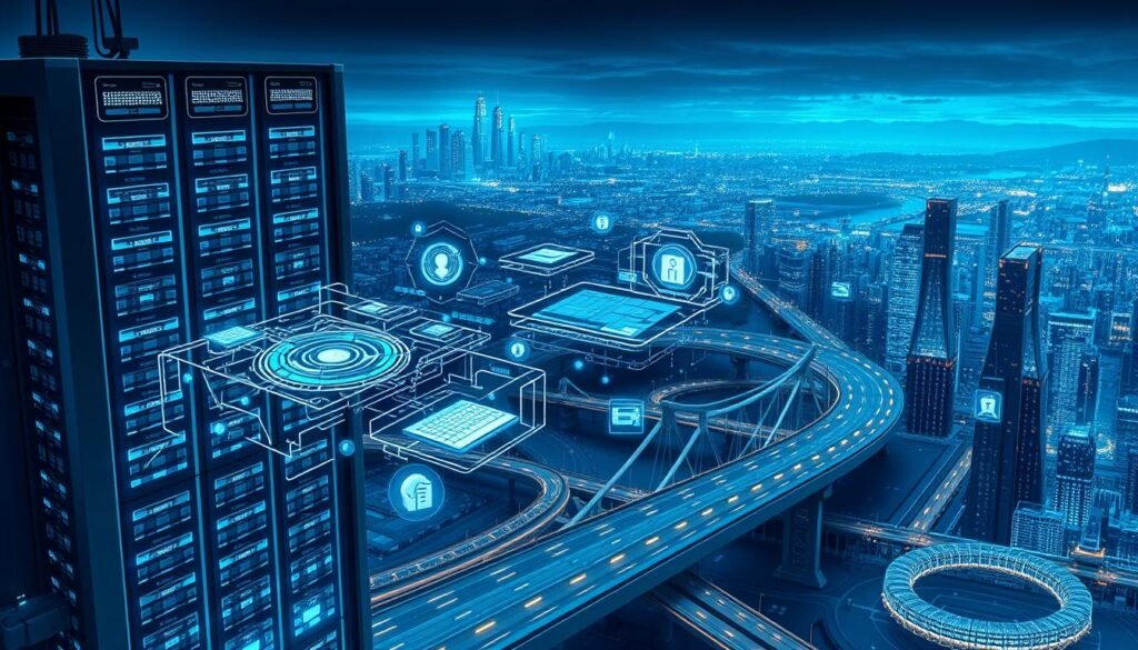 A highly detailed and technologically sophisticated illustration of the critical infrastructure under protection. A large, imposing data center or network operations hub dominates the foreground, its sleek, angular architecture and glowing blue-white lights conveying a sense of power and security. In the middle ground, intricate network diagrams, hardware schematics, and cybersecurity dashboards hover, surrounded by a swirling matrix of data streams and digital signatures. The background depicts a panoramic cityscape, with skyscrapers, bridges, and other vital structures seamlessly integrated into a comprehensive, well-defended system. The entire scene is bathed in a cool, clinical lighting that emphasizes the precision and control needed to safeguard this essential infrastructure.