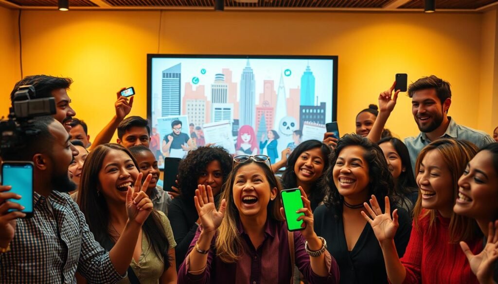 A lively scene of Fiverr users sharing their experiences, captured through a cinematic lens. In the foreground, a diverse group of individuals gesticulating animatedly, their expressions conveying a range of emotions from excitement to satisfaction. The middle ground features a collage of digital devices, showcasing the seamless integration of Fiverr's services into daily life. In the background, a stylized cityscape, hinting at the global reach and versatility of the platform. Warm, diffused lighting casts a sense of authenticity and approachability, inviting the viewer to immerse themselves in the vibrant tapestry of user testimonials.