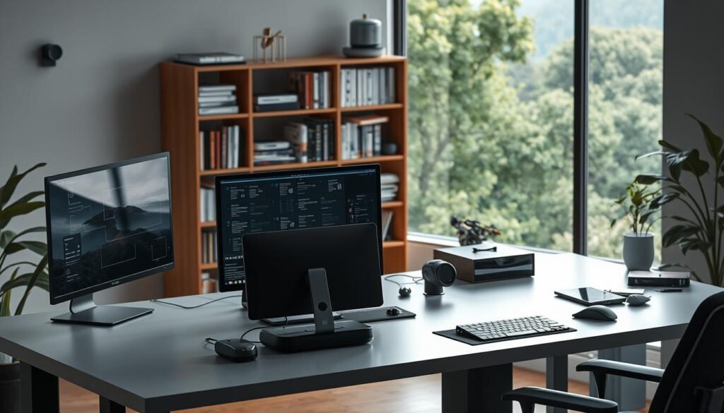 A meticulously crafted image of "بدائل Flowith", showcasing a serene workspace filled with the tools and technologies of artificial intelligence. In the foreground, a sleek, minimalist desk hosts an array of cutting-edge devices, including a state-of-the-art computer, a high-resolution display, and a sophisticated input device. The middle ground features a well-organized bookshelf, housing a collection of reference materials and academic journals related to AI and knowledge-based systems. The background subtly blends natural elements, such as a large window overlooking a lush, verdant landscape, creating a harmonious balance between the digital and the organic. The overall atmosphere conveys a sense of intellectual contemplation, innovation, and the seamless integration of human knowledge and artificial intelligence.