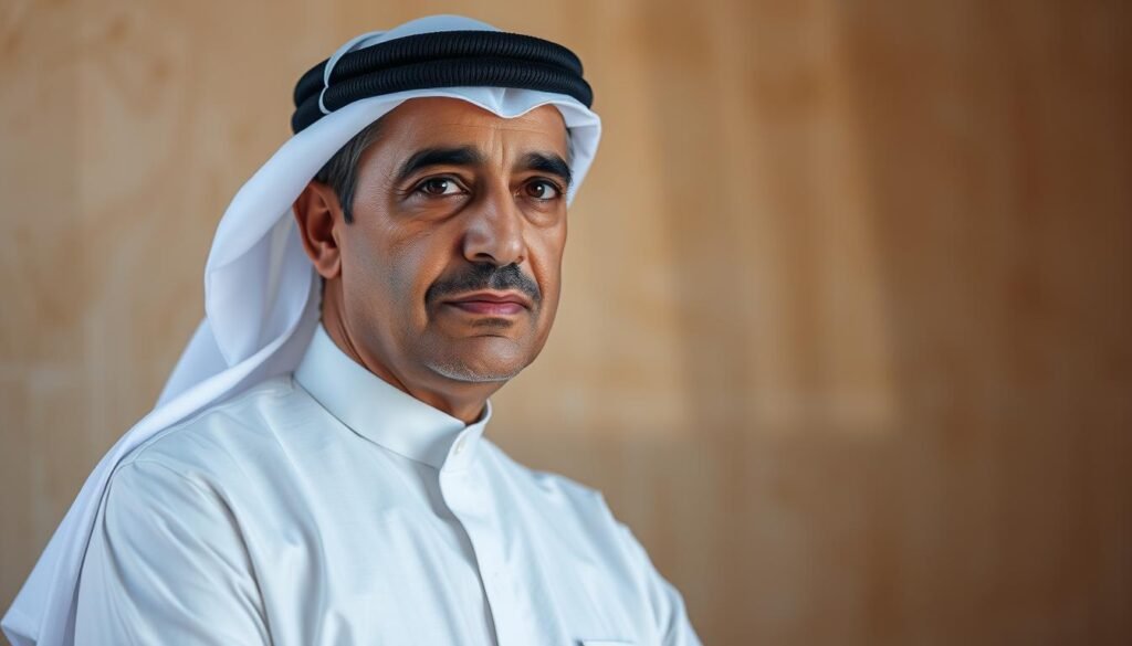 A middle-aged man with an earnest, thoughtful expression, wearing a crisp, light-colored thobe. He stands against a muted, warm-toned background, with subtle textures and a sense of depth. Soft, directional lighting gently illuminates his face, conveying a contemplative, scholarly atmosphere. The frame is composed to focus on the subject, with a close-up perspective that captures the nuances of his features and presence. An aura of quiet confidence and intellectual gravitas surrounds the image of Fahad Amer Al-Ahmadi.