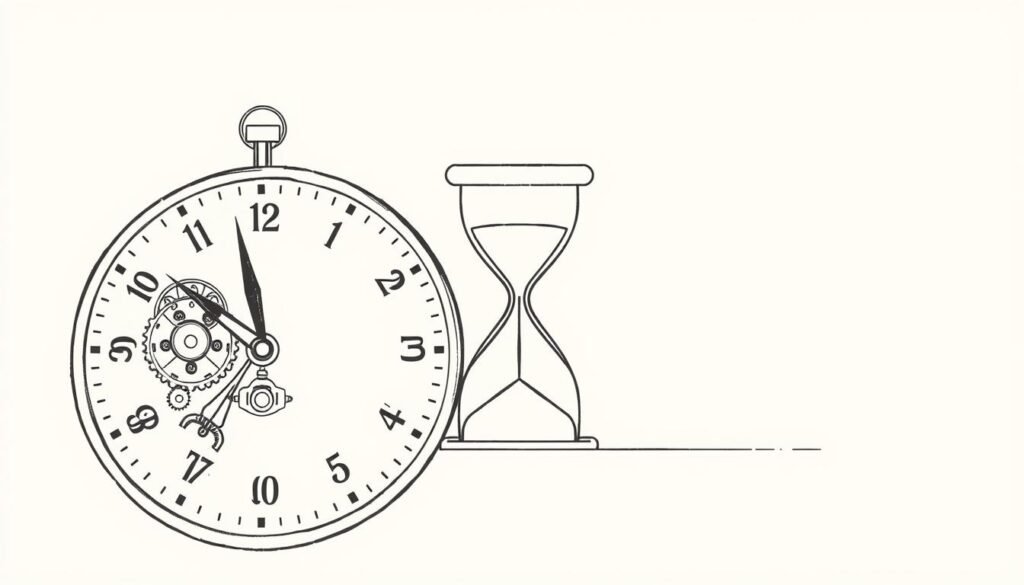 A minimalist, clean-lined illustration depicting the concept of time management. In the foreground, a hand-drawn analog clock face with intricate mechanisms and gears, representing the precise organization of time. In the middle ground, a stylized hourglass silhouette, its sand flowing steadily, symbolizing the passage of time. The background features a serene, muted color palette, conveying a sense of focus and calm. The overall composition should evoke a sense of efficiency, discipline, and the importance of prioritizing and optimizing one's time, aligning with the subject of Parkinson's Law and its impact on time management.