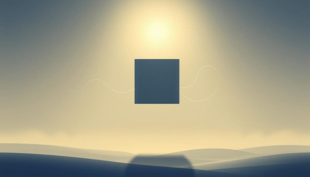 A minimalist, clean-lined illustration showcasing the concept of "Organizing Thoughts" (تنظيم الأفكار). In the foreground, a simple geometric shape, perhaps a cube or pyramid, represents the structured arrangement of ideas. The shape hovers above a tranquil landscape, bathed in soft, diffused lighting that creates a sense of serenity and focus. In the middle ground, wispy, ethereal forms suggest the flow of thought processes, gently converging towards the central shape. The background is subtly blurred, allowing the primary elements to take center stage and emphasize the importance of methodical thinking. The overall mood is one of clarity, balance, and the productive channeling of mental energy.