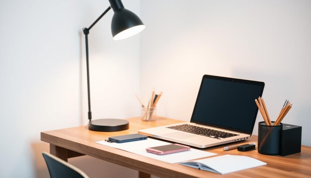 A minimalist workspace with a laptop, smartphone, and stationery on a simple wooden desk. Soft lighting from a desk lamp casts a warm glow, creating a cozy and productive atmosphere. In the background, a clean white wall provides a serene backdrop, allowing the essential tools of email marketing to take center stage. The overall scene conveys the efficiency and organization of a well-executed email campaign management workflow using Mailchimp.