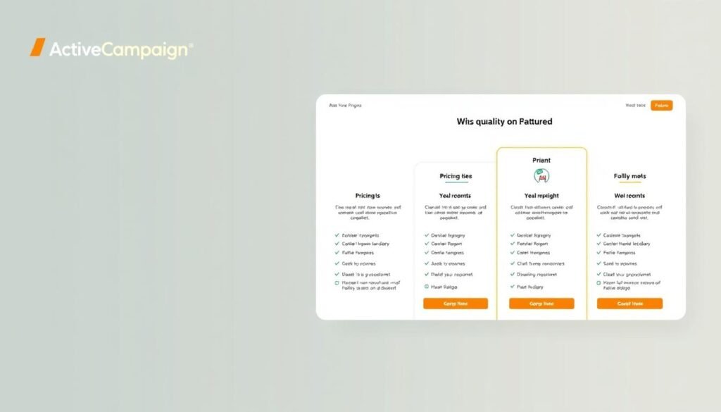A modern and sleek illustration of the pricing and plans for ActiveCampaign, a leading marketing automation platform. The foreground features a clean, minimalist design showcasing the various pricing tiers and feature highlights in a grid layout. The middle ground includes simplified icons and infographic elements to visually communicate the key benefits and capabilities. The background has a subtle, professional gradient or texture to provide a sense of depth and sophistication. The overall mood is polished, informative, and on-brand for ActiveCampaign, conveying the ease and effectiveness of their marketing automation solutions.