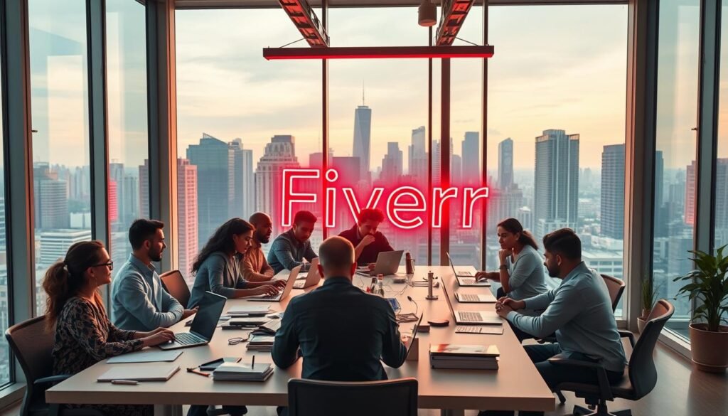 A modern, clean-lined office interior with floor-to-ceiling windows overlooking a bustling city skyline. In the foreground, a team of diverse entrepreneurs collaborate at a long table, exchanging ideas and working on their laptops. The middle ground features various productivity tools and office supplies, symbolizing the resources available to support their ventures. In the background, a vibrant neon sign reads "Fiverr" against a backdrop of skyscrapers, conveying the idea of a thriving, tech-savvy business ecosystem. The scene is bathed in warm, natural lighting, creating a sense of productivity, innovation, and opportunity.