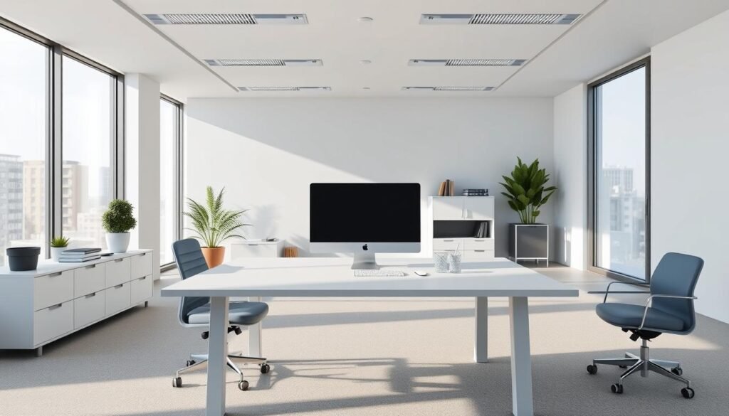 A modern, clean-lined office space with minimalist furniture and minimal clutter. A large, well-lit desk dominates the foreground, with a sleek computer monitor and a few essential office supplies neatly arranged. The background features floor-to-ceiling windows, allowing natural light to flood the room and create a sense of openness and efficiency. The color palette is predominantly neutral, with touches of muted blues and grays, conveying a professional and productive atmosphere. The overall scene evokes a streamlined, time-saving approach to work, perfectly capturing the concept of "saving time and effort" within the context of the Renderforest article.