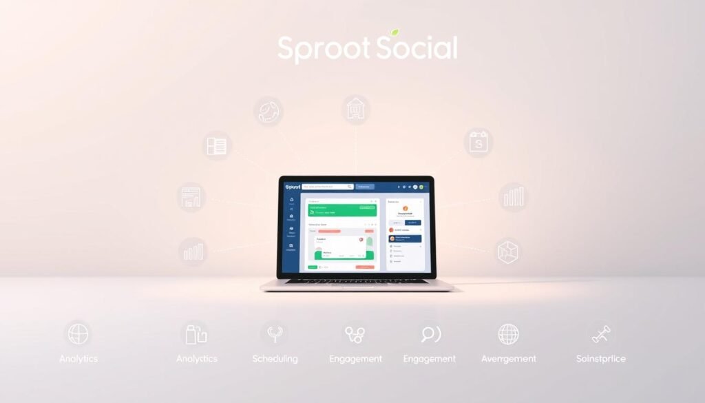 A modern, minimalist digital illustration showcasing the key features of Sproot Social's social media management platform. In the foreground, clean icons and infographic elements depict analytics, scheduling, engagement, and other core capabilities. In the midground, a stylized laptop or mobile device displays the Sproot Social interface, conveying the user experience. The background is a soft, gradient-based color palette, setting a professional and on-brand tone. The lighting is soft and diffused, with subtle depth-of-field effects to draw the viewer's eye. The overall composition is balanced and visually appealing, highlighting Sproot Social's intuitive and powerful social media management tools.