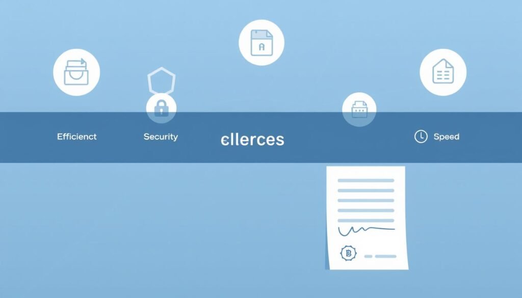 A modern, minimalist illustration depicting the benefits of Liqvid's digital signature for businesses. In the foreground, a stylized business document with a prominent digital signature seal. The middle ground showcases various icons representing efficiency, security, and speed. The background features a clean, geometric pattern in muted tones of blue and gray, creating a professional, high-tech atmosphere. The overall composition should convey the reliability, convenience, and trust associated with Liqvid's digital signature solution for enterprises.
