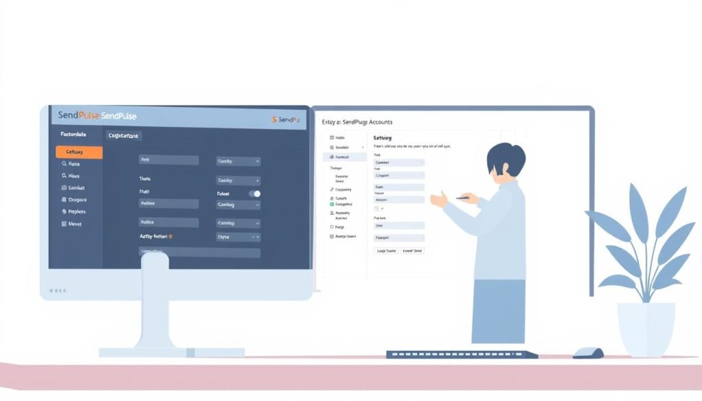 A modern, minimalist illustration depicting the setup of a SendPulse account. In the foreground, a desktop computer displays the SendPulse dashboard, showcasing the various configuration options. The middle ground features a person interacting with the interface, thoughtfully adjusting settings. The background has a clean, serene atmosphere with soft lighting, suggesting a professional, efficient workflow. The overall composition conveys a sense of streamlined email marketing management, highlighting the ease of using SendPulse.