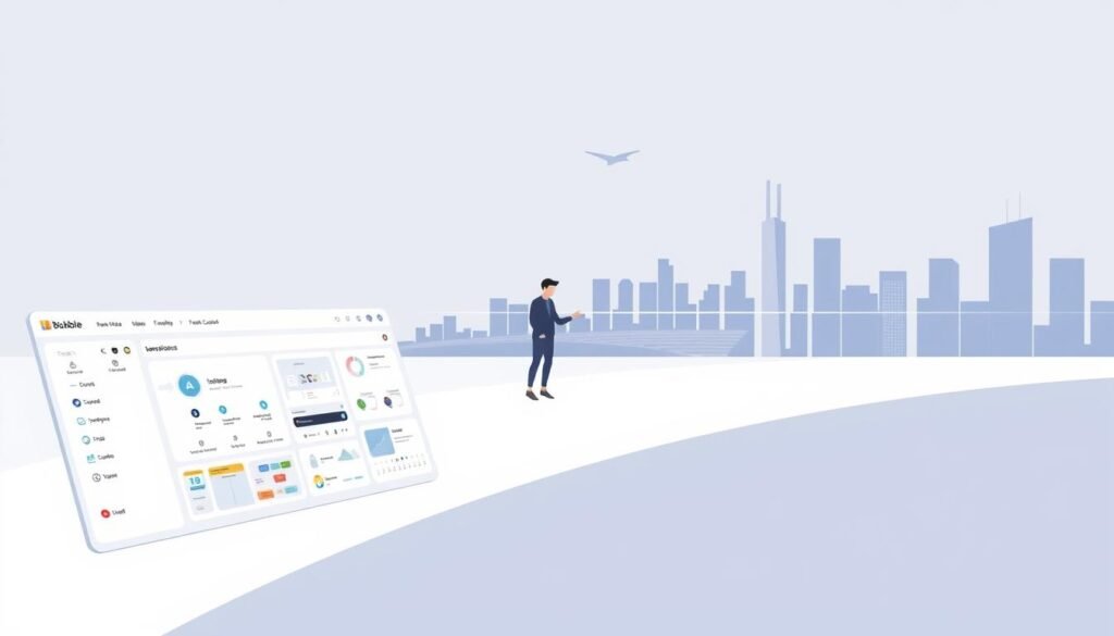 A modern, minimalist illustration of a no-code platform in action. In the foreground, a clean user interface with intuitive drag-and-drop tools and visual components. In the middle ground, a developer gesturing and manipulating the interface, showcasing the ease of use. In the background, a sleek, stylized cityscape, representing the digital landscape that the no-code platform enables. The lighting is soft and directional, highlighting the simplicity and power of the no-code solution. The overall mood is one of efficiency, innovation, and accessibility, capturing the essence of "how Bubble works."