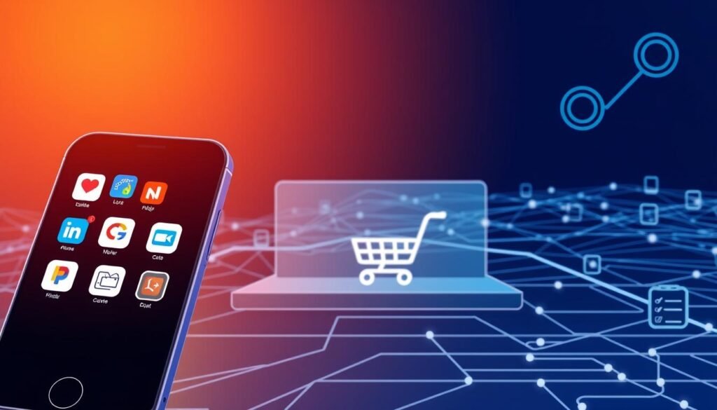 A modern, minimalist illustration showcasing the integration of third-party applications with an e-commerce platform. In the foreground, a smartphone display features various app icons, seamlessly connected and communicating with the central e-commerce system. The middle ground depicts a sleek, futuristic interface, with clean lines and subtle gradients, representing the smooth integration process. In the background, a stylized network of interconnected devices and data flows, symbolizing the robust infrastructure that enables this seamless third-party integration. The overall scene conveys a sense of technological harmony, efficiency, and the power of interconnectivity in the digital commerce landscape.