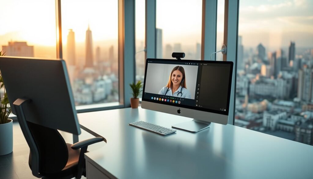A modern, minimalist office interior with a large desk, a comfortable chair, and a sleek desktop computer. In the foreground, a customer service representative smiles warmly while assisting a client on a video call, their faces lit by the soft glow of the screen. The background features a large window overlooking a bustling city skyline, bathed in the golden light of the setting sun. The atmosphere is one of professionalism, efficiency, and a genuine desire to provide excellent customer support.
