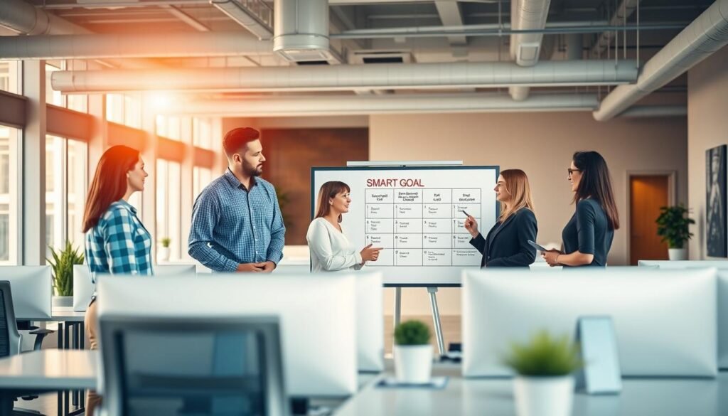 A modern open-plan office space, bathed in warm, natural lighting from large windows. In the foreground, a team of professionals collaboratively reviewing a SMART goal chart on a digital whiteboard, their expressions engaged and focused. The middle ground features sleek, minimalist desks and ergonomic chairs, creating a productive and streamlined work environment. In the background, subtle details like potted plants, abstract artwork, and subtle signage reinforce the theme of a progressive, innovative workplace culture. The overall scene conveys a sense of productivity, collaboration, and the efficient application of the SMART framework to drive organizational success.